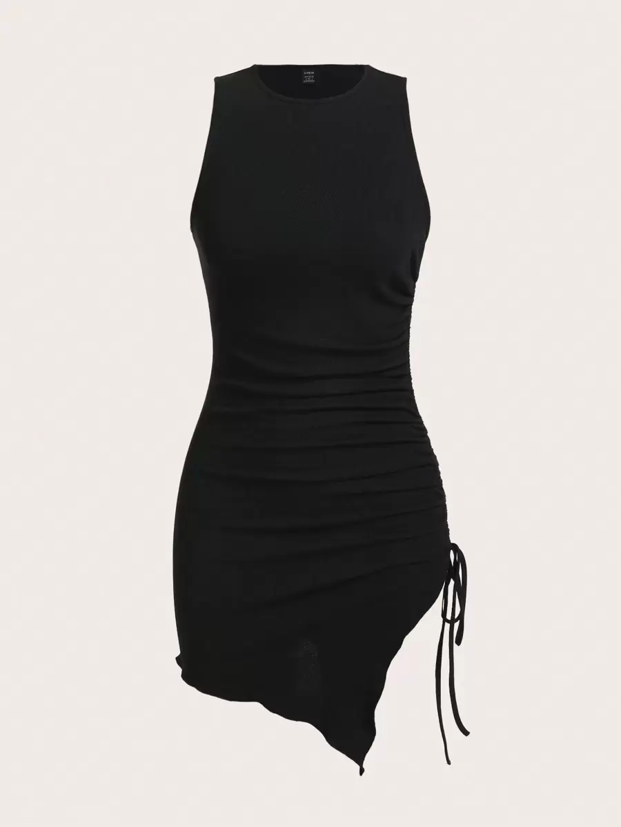 SHEIN EZwear Drawstring Side Asymmetrical Hem Tank Dress - Black - View 1