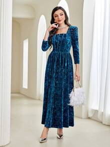 Modelyn Square Neck Velvet A-Line Modest Long Sleeve Dress Long Evening Dresses - Teal Blue - View 5