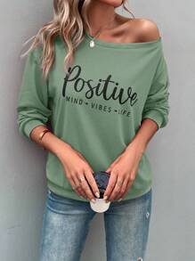 SHEIN LUNE Áo nỉ tay rớt in chữ, thích hợp cho lễ tốt nghiệp, tựu trường, lễ tốt nghiệp, giáo viên nữ, áo nỉ chui đầu mùa thu cho mùa tựu trường. - Màu xanh Bạc hà - Xem 4