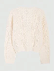 Solid Drop Shoulder Crop Cable Knit Sweater - Apricot - View 2