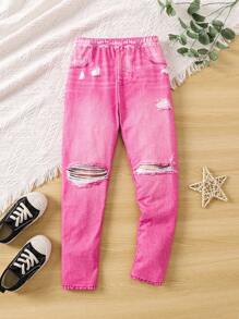 SHEIN Tween Girl Denim-Effect Leggings - Hot Pink - View 1