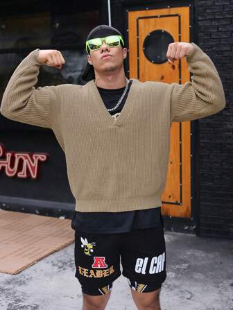 Manfinity Roughcore Camiseta De Cuello En V Sólida De Punto Acanalado Para Hombre Con Hombros Caídos