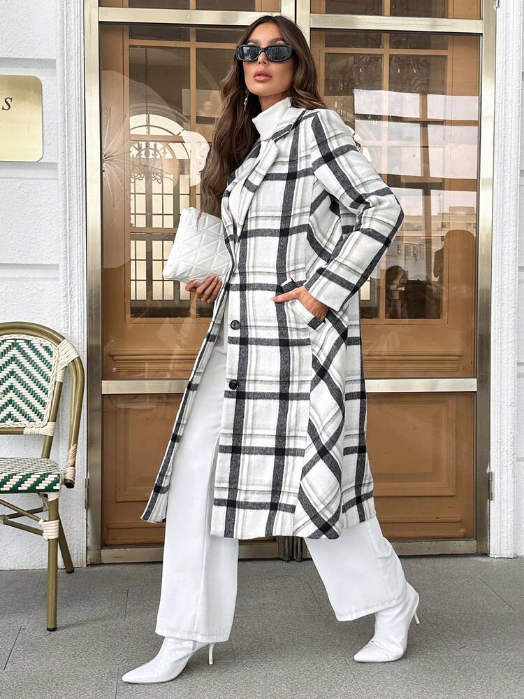 Plaid Print Lapel Neck Overcoat