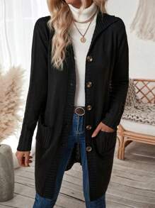 SHEIN LUNE 雙口袋前紐扣開襟衫 - 黑色 - 查看 4