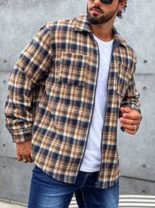 Manfinity Homme Men 1pc Plaid Print Zip Up Pocket Patched Shacket - Multicolor - View 3