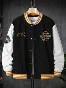 Manfinity Hypemode Loose Fit Men's Slogan Graphic Striped Trim Color Block Varsity Jacket Without T-Shirt - Black - View 1