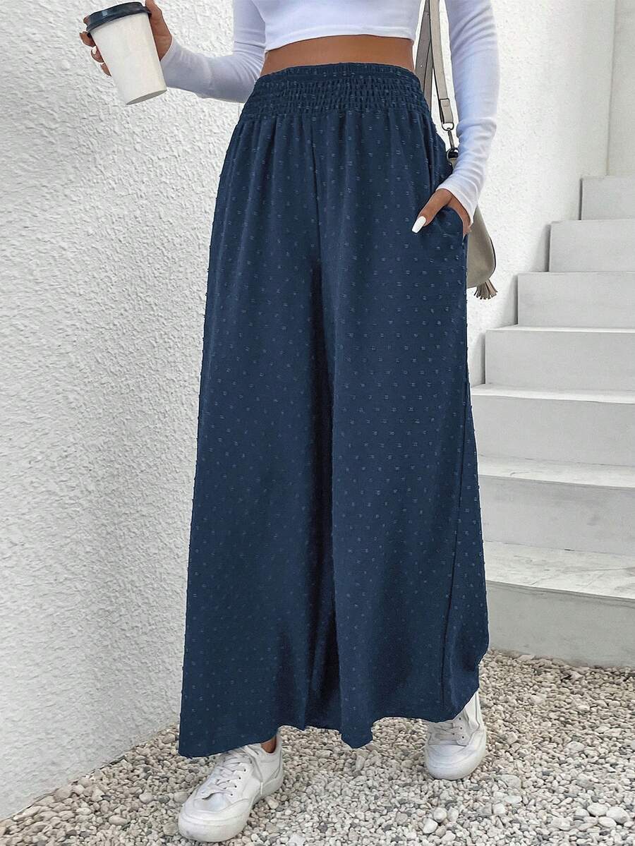 Elastic Waist Slant Pocket Wide Leg Pants - Blue - View 1