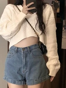 Solid Drop Shoulder Crop Cable Knit Sweater - Apricot - View 5