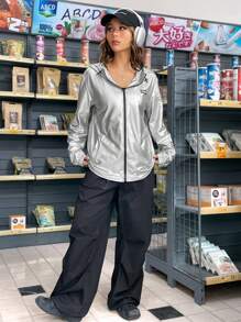SHEIN EZwear 拉鏈開襟連帽字母貼布夾克 - 銀色 - 查看 5
