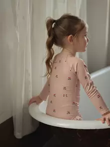 女小童櫻桃圖案前拉鏈褶邊連體泳衣 - 粉色 - 查看 2