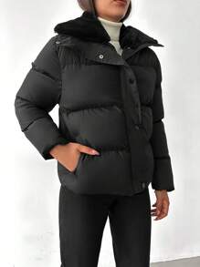EURMUSE Zip Up Snap Button Puffer Coat - Black - View 3