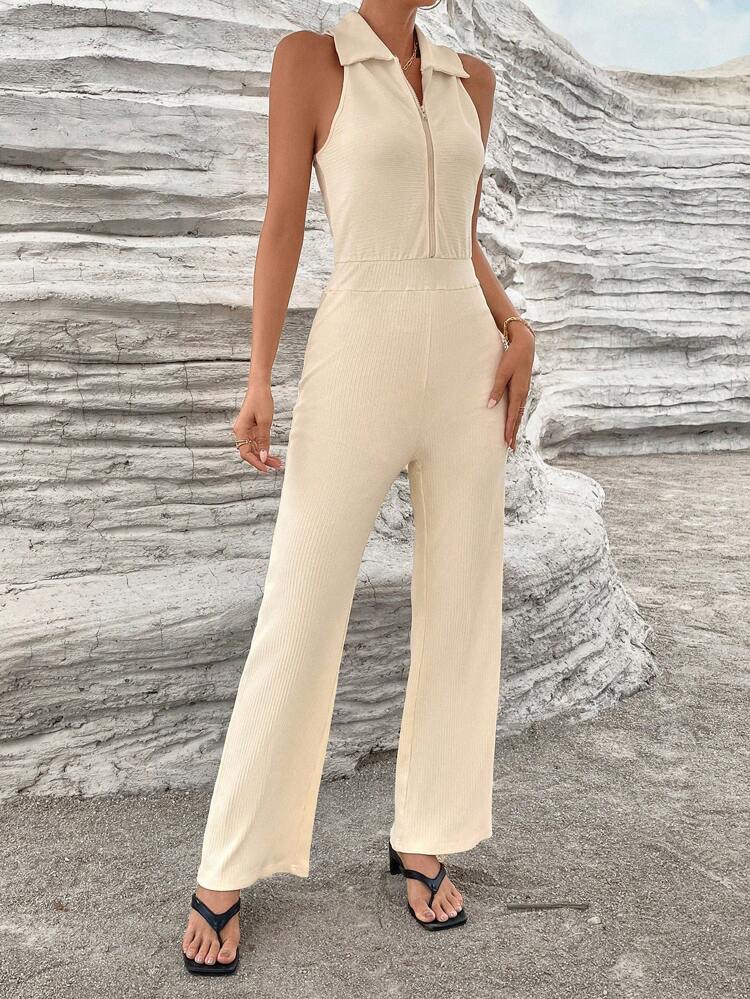Solid Zipper Front Sleeveless Jumpsuit