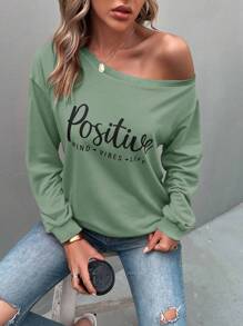SHEIN LUNE Áo nỉ tay rớt in chữ, thích hợp cho lễ tốt nghiệp, tựu trường, lễ tốt nghiệp, giáo viên nữ, áo nỉ chui đầu mùa thu cho mùa tựu trường. - Màu xanh Bạc hà - Xem 5