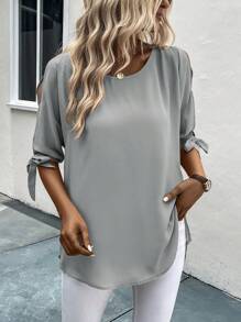 SHEIN Clasi 素色打結袖口開衩袖襯衫 - 淺灰色 - 查看 5