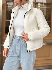 SHEIN Essnce 冬季拉链夹棉大衣 - 米色 - 查看 3