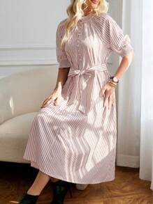 SHEIN Privé Striped Print Belted Shirt Dress - Multicolor - View 6