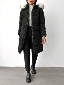 EURMUSE Zip Up Fuzzy Trim Hooded Puffer Coat - Black - View 4