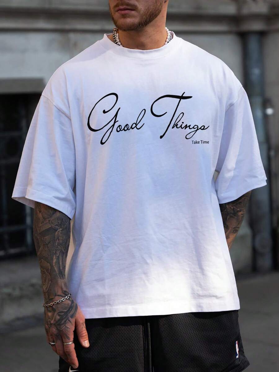 Manfinity Homme 男士大码字母圖案落肩T恤 - 白色 - 查看 1