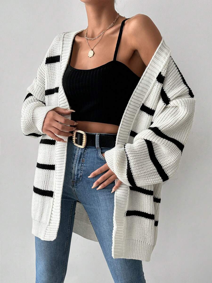 Cloudara Striped Pattern Drop Shoulder Open Front Cardigan - White - View 1