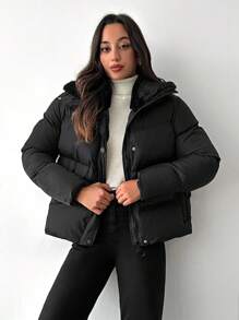 EURMUSE Zip Up Snap Button Puffer Coat - Black - View 1