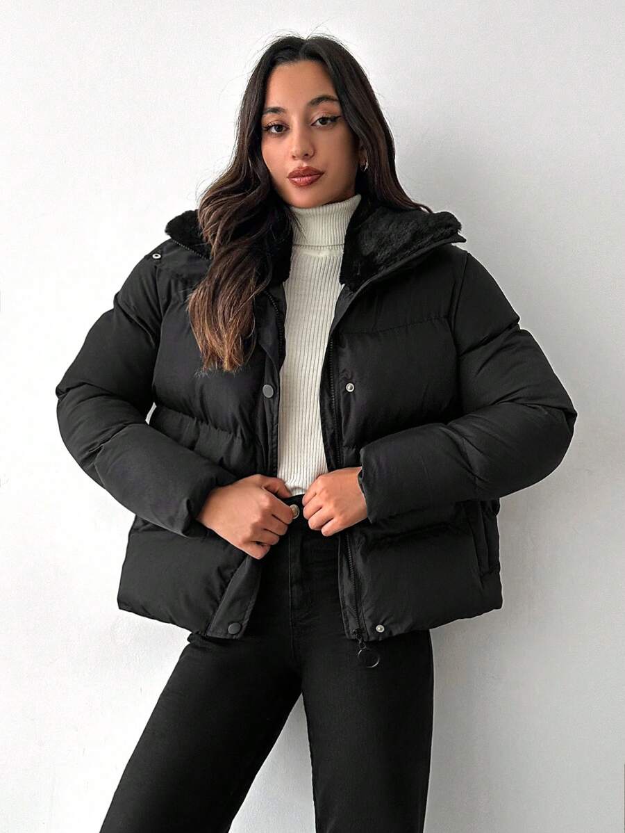 EURMUSE Zip Up Snap Button Puffer Coat - Black - View 1