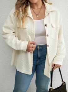 SHEIN LUNE 大碼翻蓋口袋前紐扣外套 - 杏色 - 查看 5