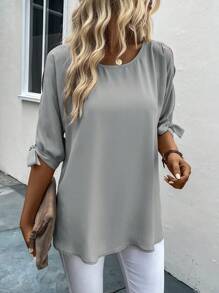 SHEIN Clasi 素色打結袖口開衩袖襯衫 - 淺灰色 - 查看 6