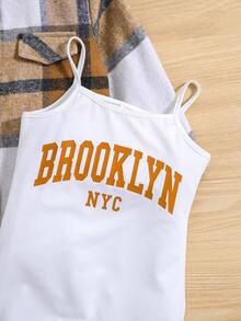 SHEIN 女小童格紋印花襯衫&吊帶連體短褲