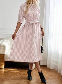 SHEIN Privé Striped Print Belted Shirt Dress - Multicolor - View 1