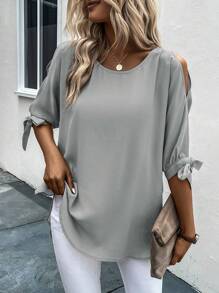 SHEIN Clasi 素色打結袖口開衩袖襯衫 - 淺灰色 - 查看 4