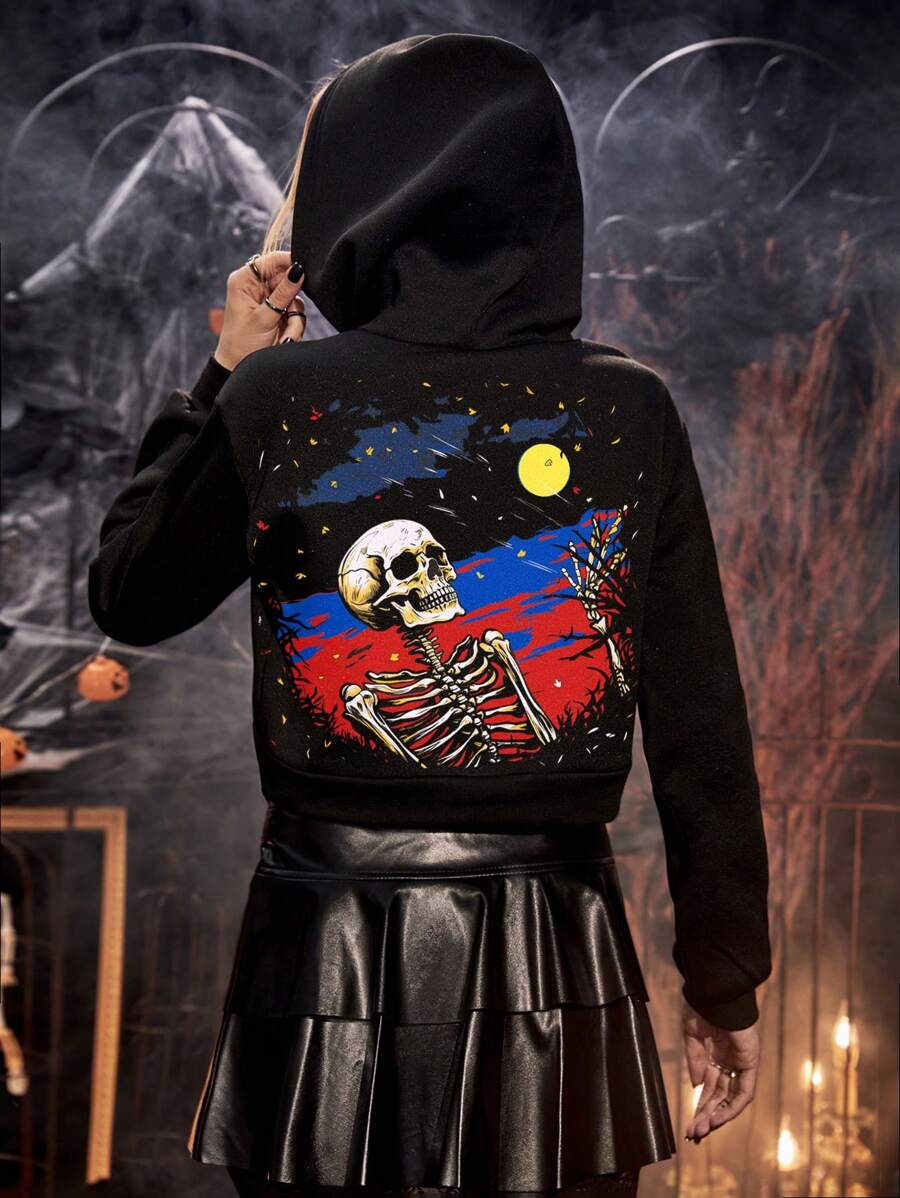 PUNK Skull Print Drop Shoulder Hoodie - Black - View 1
