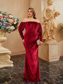 seomiscky Plus Off Shoulder Mermaid Hem Formal Dress - Burgundy - View 6