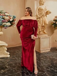 seomiscky Plus Off Shoulder Mermaid Hem Formal Dress - Burgundy - View 7