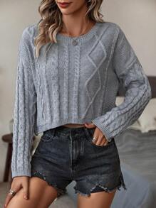 SHEIN LUNE Cable Knit Drop Shoulder Crop Sweater - Grey - View 1