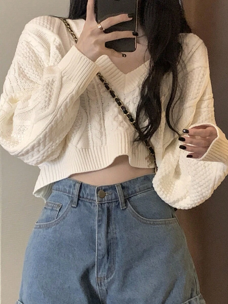 Solid Drop Shoulder Crop Cable Knit Sweater - Apricot - View 1