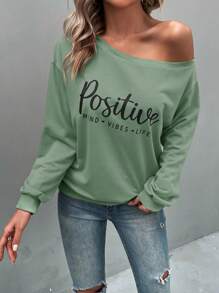 SHEIN LUNE Áo nỉ tay rớt in chữ, thích hợp cho lễ tốt nghiệp, tựu trường, lễ tốt nghiệp, giáo viên nữ, áo nỉ chui đầu mùa thu cho mùa tựu trường. - Màu xanh Bạc hà - Xem 3