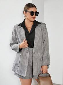 SHEIN Privé 大碼條紋圖案單釦西裝外套&短褲 - 黑與白 - 查看 6