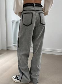 DAZY 撞色側縫直筒牛仔褲 - 淺灰色 - 查看 2