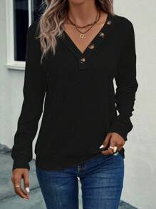 SHEIN LUNE Quần áo thể thao nữ Nút màu trơn Giải trí - màu đen - Xem 5