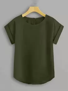 SHEIN LUNE CURVE Plus 纯色蝙蝠袖锁孔背衬衣 - 軍綠色 - 查看 1