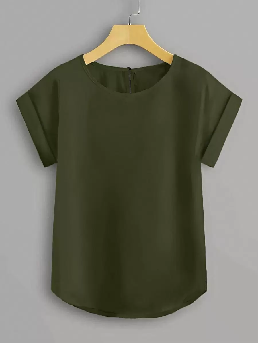 SHEIN LUNE CURVE Plus 纯色蝙蝠袖锁孔背衬衣 - 軍綠色 - 查看 1