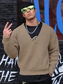 Manfinity Roughcore Men Solid Drop Shoulder Ribbed Knit V Neck Sweater