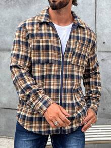 Manfinity Homme Men 1pc Plaid Print Zip Up Pocket Patched Shacket - Multicolor - View 1