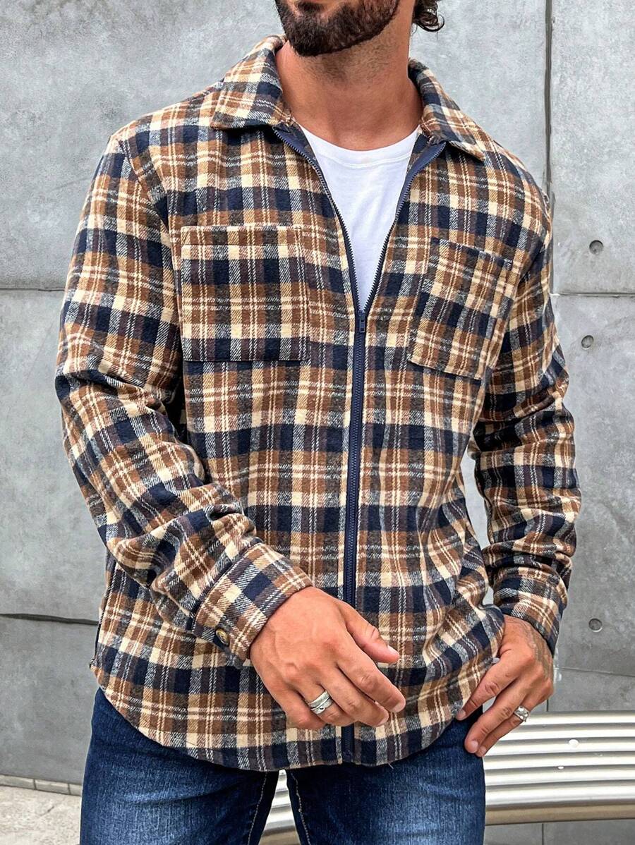 Manfinity Homme Men 1pc Plaid Print Zip Up Pocket Patched Shacket - Multicolor - View 1