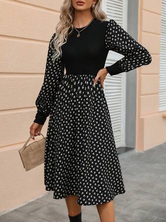 Ditsy Floral Print Lantern Sleeve A-line Dress