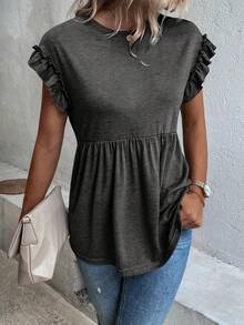 SHEIN LUNE Viền Ruffle tay cánh Xoay eo Áo thun - Màu xám đen - Xem 5