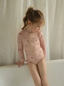 女小童櫻桃圖案前拉鏈褶邊連體泳衣 - 粉色 - 查看 6