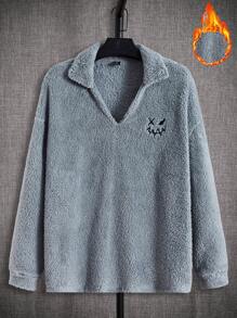GENTILAND Nam Thêu Hoạt hình Thả vai Teddy Áo nỉ - Màu xanh bụi bặm - Xem 1