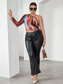 SHEIN Essnce 大碼紮染單肩側收褶短款T恤 - 彩色 - 查看 3