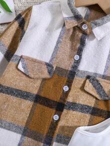 SHEIN 女小童格紋印花襯衫&吊帶連體短褲